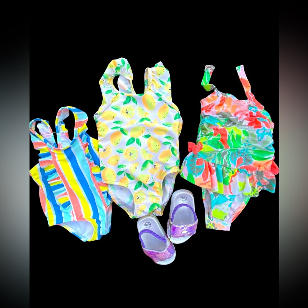 Bundle - Girls 18 month Bathing Suits and Size 4 Sandals
